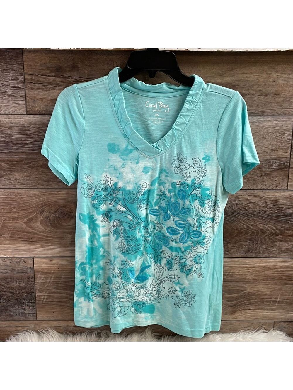 Coral Bay Petite PS Aqua Floral Print Ruffle V Neck Short Sleeve Top Cotton